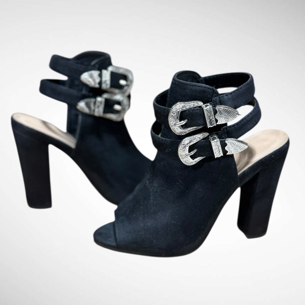 Black Faux Suede Peep Toe Block Heel Boots with buckle detailing Size 6 - Picture 2 of 15